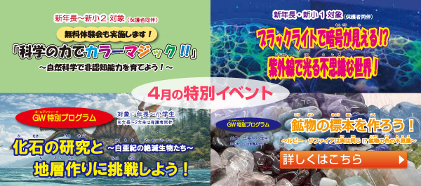 4月の特別イベント　無料体験会「科学の力でカラーマジック」／ブラックライトで暗号が見える!?紫外線で光る不思議な世界／化石の研究と地層作りに挑戦しよう／鉱物の標本を作ろう